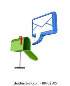 Stylized blue envelope and green postal box.Isolated on white background.3d rendered.