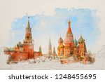 Stylized by watercolor sketch painting of Moscow Kremlin and St Basil
