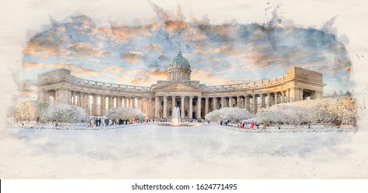 Stylized by watercolor sketch painting of Kazan Cathedral or Kazanskiy Kafedralniy Sobor. Cathedral of Our Lady of Kazan on the Nevsky Prospekt in Saint Petersburg, Russia. Retro style postcard.
