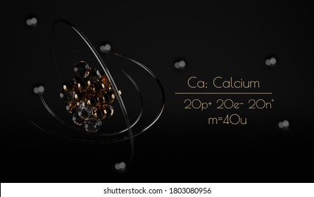 A stylized Calcium atom visualization, with the number of protons, neutrons, electrons and its name written next to it. A 3d render. - Powered by Shutterstock - Get 15% off with code: PIKWIZARD15