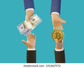 Stylized Cartoon Businessman Hands Exchange Bitcoin Crypto Currency To USD Cash. 3d Rendering