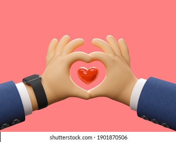 Stylized Cartoon Businessman Hands in Shape of Heart on Pink Background. Romantic Happy Valentine's Day Card. 3D Rendering - Powered by Shutterstock