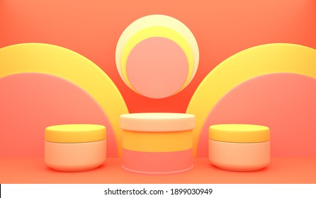 Stylized And Clean Yellow Podium Surrounded By Circle Accent, Isolated On Peach Background, Can Be Used For Product Display, Branding, Showcase, Cosmetic Display, Advertising. 3D Render.