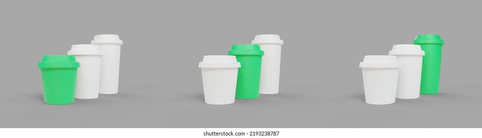 Stylized Coffee Cups As Icons For Choosing The Volume When Placing An Order. Small, Medium And Large Cups Of Coffee. 3d Rendering.