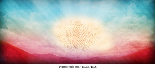 Stylized colorful sunrise with rays of sunlight emanating from palm leaves over majestic mountain backdrop.  Ideal for Palm Sunday Service as web or program graphic.