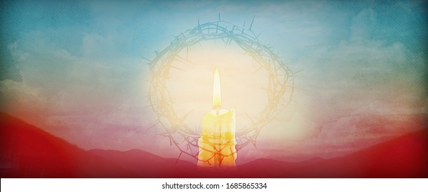 Stylized colorful sunset with flickering flame surrounded by a crown of thorns with majestic mountain backdrop. Ideal for Tenebrae or candle light services as a website or program graphic.