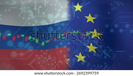 Stylized composition showing Russian and EU flags with candlestick chart and circuit board patterns. Geopolitical, digitalart, financialtechnology, abstraction, futuristic, economic, innovation