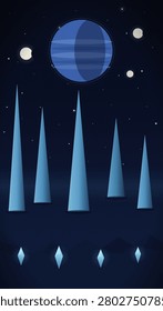 A stylized cosmic scene featuring a large banded blue planet surrounded by smaller moons and scattered stars, with five tall blue conical spires rising from a dark landscape below and four glowing diamond-shaped crystals hovering in the foreground.