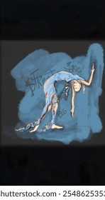 A stylized depiction of a dancer in a dramatic pose, surrounded by graffiti text. The artwork combines bold, colorful strokes with an urban aesthetic.