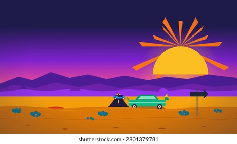 A stylized desert sunset scene features a green vintage car parked on a sandy road beside a directional signpost with silhouetted mountains and a radiant sunburst against a gradient purple sky.