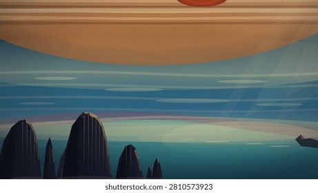 Stylized digital illustration of a massive ringed planet looming over a serene alien seascape with jagged dark rock formations silhouetted against layered atmospheric bands of teal, amber, and soft pastel hues.