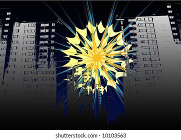 stylized fireworks display and building