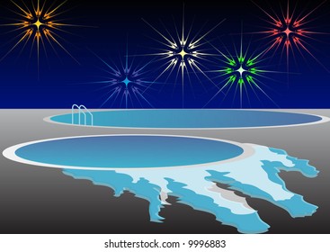 stylized fireworks display plus beach and ocean