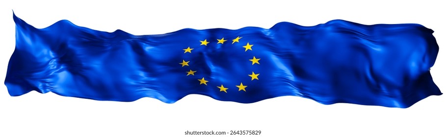 Stylized flag of EU waving in the wind, isolated on white background. Footer, header or divider. Cut out wide, panoramic element. European Union. 3D. 3D Illustration