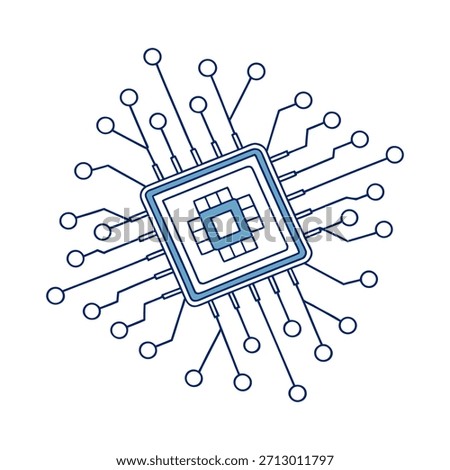 A stylized flat of a central square with radiating lines and circles in blue and white stylized, flat, central.