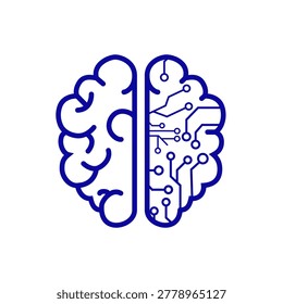 A stylized, flat design icon representing a human brain split into two hemispheres. One side depicts organic brain folds, while the other is designed as a blue circuit board with connected lines and nodes.