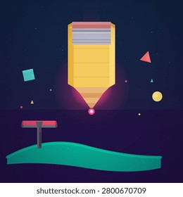 A stylized flat design illustration features a large yellow pencil hovering upside down above a green hill with a signpost, set against a dark starry night sky with floating geometric shapes.