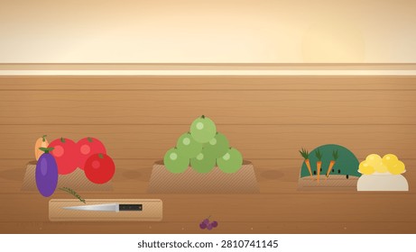 A stylized flat illustration of assorted fresh produce arranged on a wooden surface against a warm beige wall, featuring a vibrant purple eggplant, glossy red tomatoes, a pyramid of green apples, leafy carrots with orange roots, and a bowl of yellow lemons alongside a kitchen knife and scattered berries.