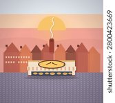 A stylized flat vector illustration depicts a quaint town bathed in warm sunset hues, featuring a central building with a smoking chimney, a large oval clock face, and a row of glowing windows set against a backdrop of geometric rooftops and a rising sun.