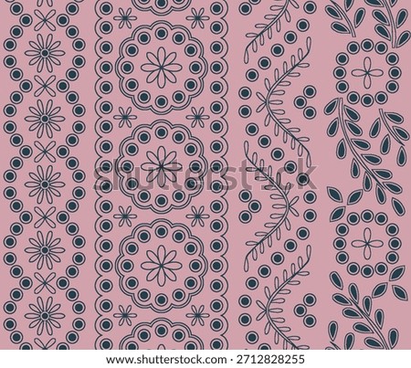 A stylized floral border pattern featuring hand-drawn circular motifs, leafy vines