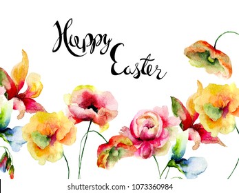 Stylized flowers and title Happy Easter  watercolor illustration  Card template for Easter
