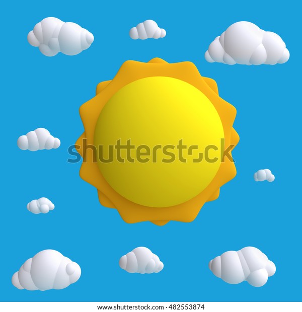 太陽と雲を持つ おかしな漫画の青い空 子ども用の粘土 プラスチック 柔らかいおもちゃ 3dイラスト のイラスト素材