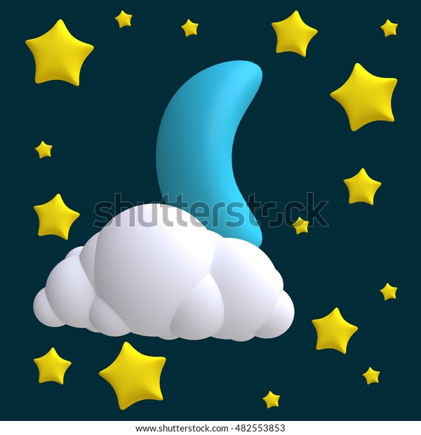 Stylized funny cartoon night\
sky with moon and stars. Children clay, plastic or soft toy. 3d\
illustration