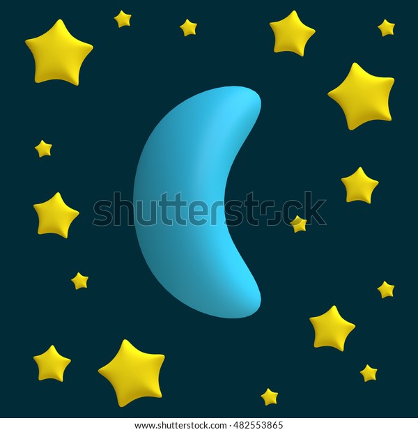 Stylized funny cartoon night\
sky with moon and stars. Children clay, plastic or soft toy. 3d\
illustration