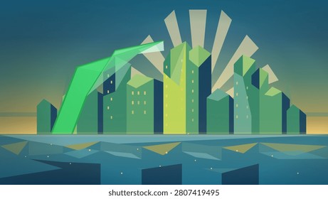 Stylized geometric cityscape of angular green skyscrapers illuminated by radiating sunbeams against a twilight gradient sky, reflected in a faceted blue water surface.