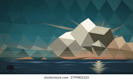 A stylized geometric landscape features a massive iceberg composed of sharp polygonal shapes floating in calm dark waters under a starry twilight sky with distant mountain silhouettes.