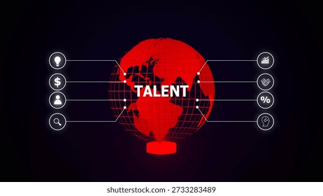 A stylized globe with a red mesh design, surrounded by icons representing ideas, money, people, search, growth, and knowledge, emphasizing the concept of talent