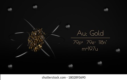 A stylized Gold atom visualization, with the number of protons, neutrons, electrons and its name written next to it. A 3d render.
