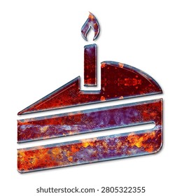 A stylized graphic icon of a slice of cake with a single lit candle on top, featuring a vibrant, textured, fiery red and purple abstract pattern.