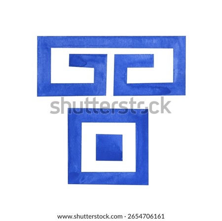 Stylized Greek pattern elements on a white background, hand-drawn. Watercolor illustration of a blue geometric ornament. Clipart.