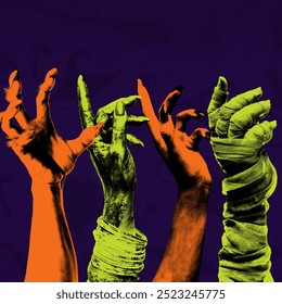 Stylized, Halloween-themed hands of witches, mummy against dark purple background. Horror vibes. Creative collage. Concept of Halloween. Advertisement, announcement, banner, poster template - Powered by Shutterstock