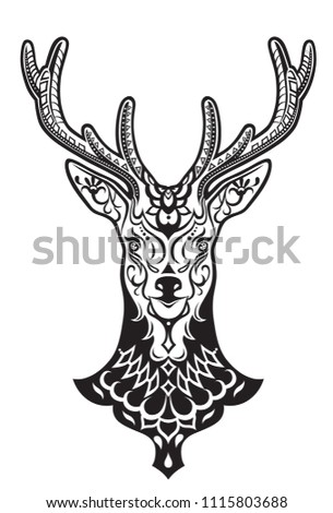 The stylized head of an deer in the festive patterns. Raster illustration