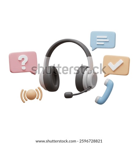 Stylized headset surrounded by speech bubbles symbolizes customer service and online support It is suitable for contact center and help desk related content.