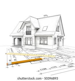 A Stylized House Model  With Floor Plan, Ruler And  Pencil, Isolated On White  Background