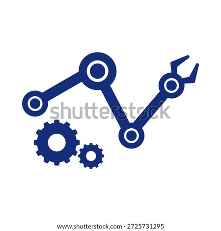 A stylized icon featuring interconnected mechanical components and gears on a white background