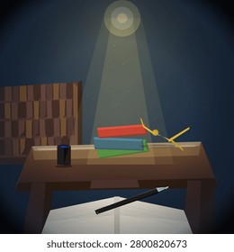 A stylized illustration of a dimly lit study desk illuminated by a single overhead lamp casting a cone of light onto stacked colorful books, a pencil, and an inkwell, with an open notebook and pen resting in the foreground.