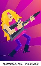 Stylized Illustration Of A Glam Rock Band Guitar Player With Long Blonde Hair