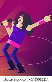 Stylized Illustration Of A Glam Rock Band Singer With Long Hair