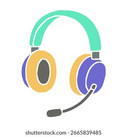 A stylized illustration of a headset featuring an adjustable microphone. The headband is green, the ear cushions are orange, and the outer ear cups are purple. The microphone is gray. The simplified, 