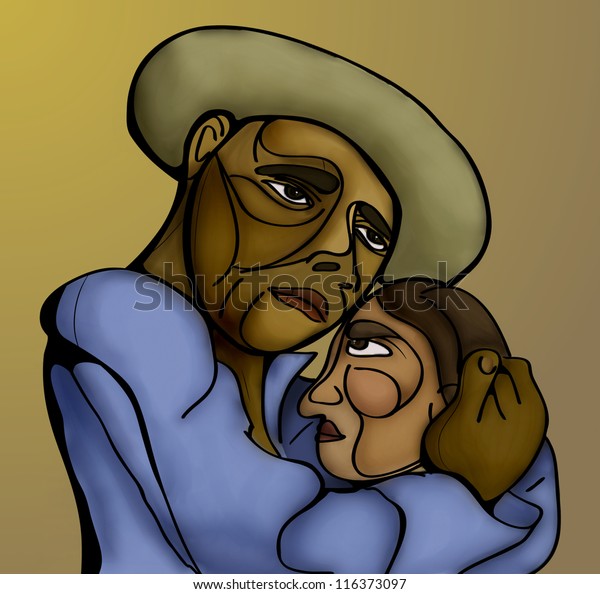 stylized illustration of a peasant couple embraced.