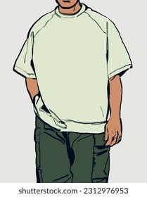 Stylized illustration skinny male figure wearing an off white loose oversized T shirt   green grey cargo pants and one hand inside pocket   his face out view in natural relaxed pose 