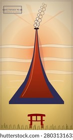 A stylized illustration of a towering, triangular mountain rendered in deep blue and rust-red tones, crowned by a dark oval emitting a spiraling column of ascending white circles against a warm, sunburst-patterned sky, with a small red torii gate and grass tufts at its base.