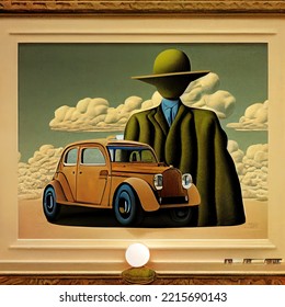 Stylized Image Of A Man And A Car, A Man In A Hat With Brims, A Small Car In Retro Style