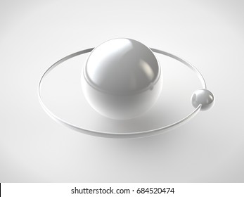 A Stylized Image Of The Model Of The Atom, Platinum And Silver, With An Elliptical Orbit And The Rotating Sphere. Abstraction Of NAT White Background. 3D Rendering