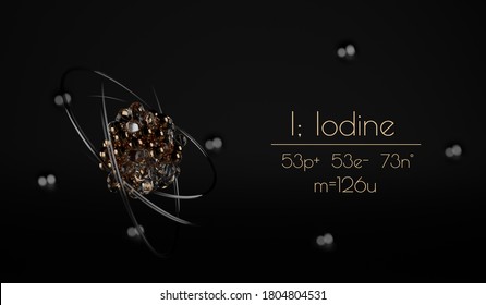 A stylized Iodine atom visualization, with the number of protons, neutrons, electrons and its name written next to it. A 3d render.