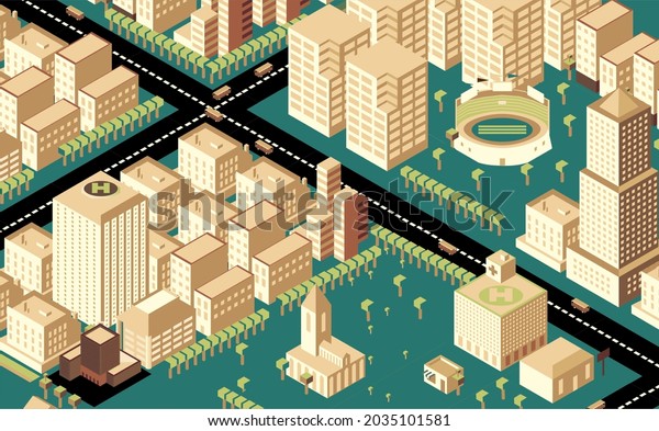 Stylized isometric buildings, city-building strategy\
game elements. 